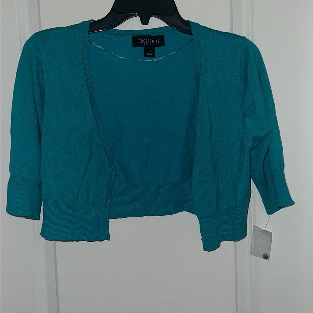 Perceptions Teal Cropped Open Cardigan Sweater